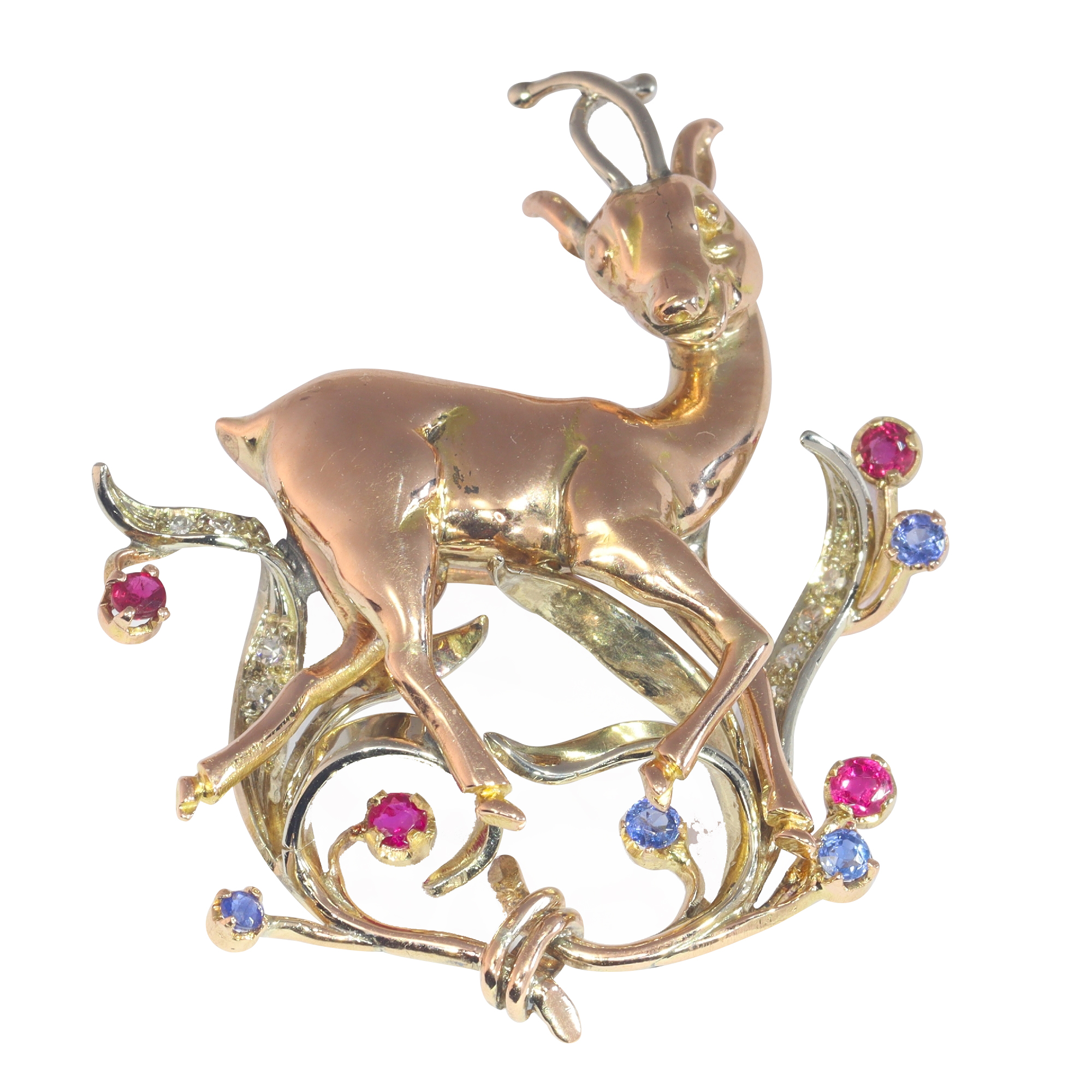 Vintage gold diamonds rubies and sapphires Bambi brooch